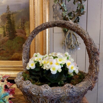 Pair of large cement baskets "faux-wood" + pigeon ca.1900