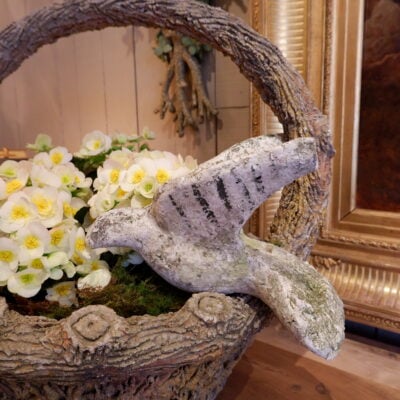 Pair of large cement baskets "faux-wood" + pigeon ca.1900