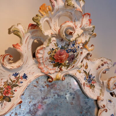 Large porcelain mirror with painted flowers and insects - Italy 18th century