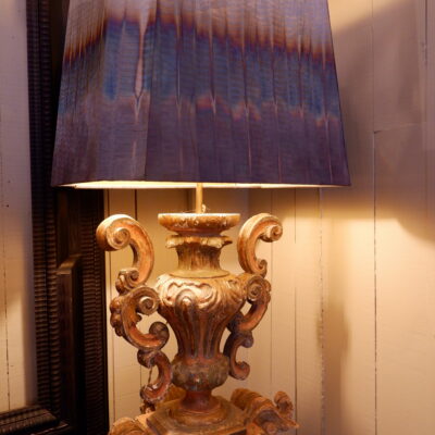 18th century carved wood lamp with 4 faces + A/J oxidized copper wire