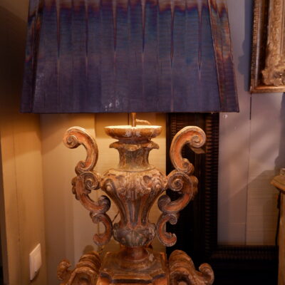 18th century carved wood lamp with 4 faces + A/J oxidized copper wire