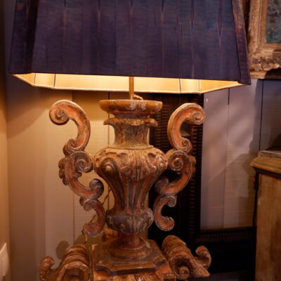 18th century carved wood lamp with 4 faces + A/J oxidized copper wire