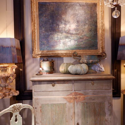 18th century carved wood lamp with 4 faces + A/J oxidized copper wire