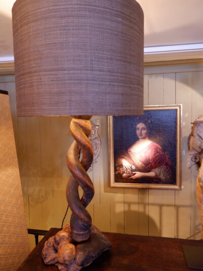 Pair of spiral lamps in blackened carved wood on birch root + A/J cylinder in raffia