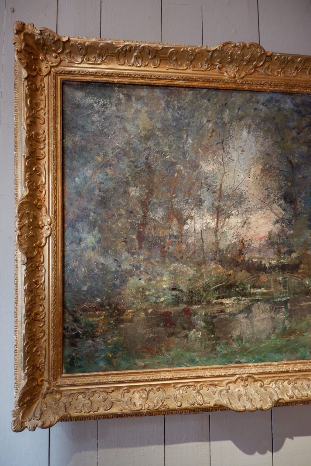 Huile sur toile "Mare dans un clairière au crépuscule" signée Emile Noirot - ca.1897 – Image 3