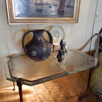 Large Brutalist coffee table in glass & bronze ca.1960