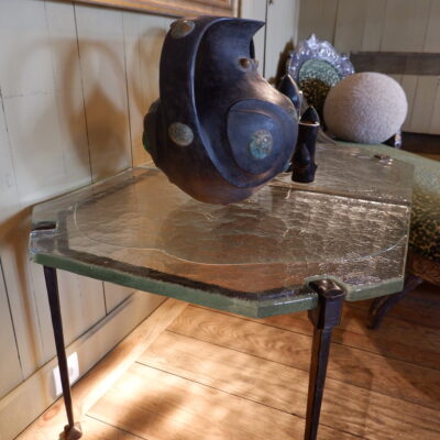 Large Brutalist coffee table in glass & bronze ca.1960