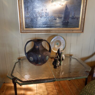 Large Brutalist coffee table in glass & bronze ca.1960