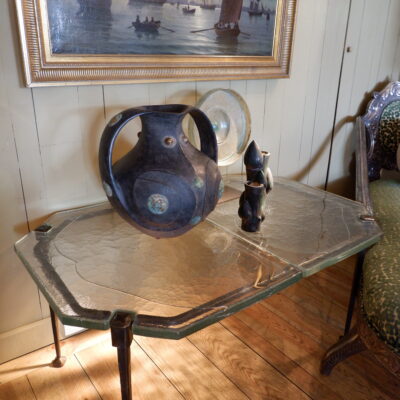 Large Brutalist coffee table in glass & bronze ca.1960