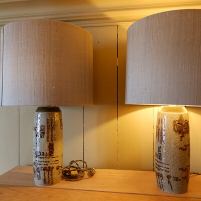 CELADON GREEN CERAMIC TABLE LAMPS WITH BROWN DECOR BY CARL HARRY STAHLANE CA.1960