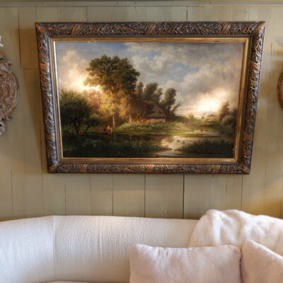 Huile sur toile “paysage rural avec vue sur un lac” par Adrianus van Everdingen fin XIX