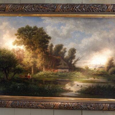 Huile sur toile “paysage rural avec vue sur un lac” par Adrianus van Everdingen fin XIX