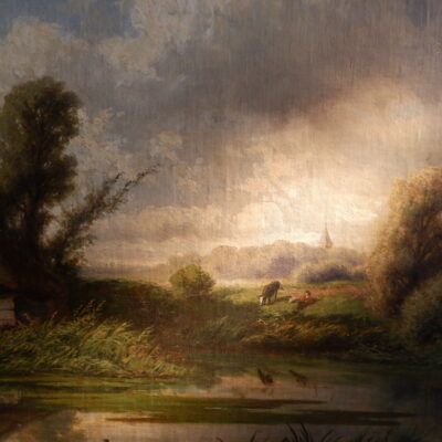 Oil on canvas "rural landscape overlooking a lake" by Adrianus van Everdingen late 19th century