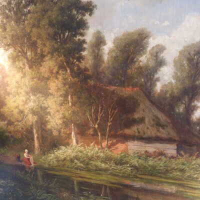 Huile sur toile “paysage rural avec vue sur un lac” par Adrianus van Everdingen fin XIX