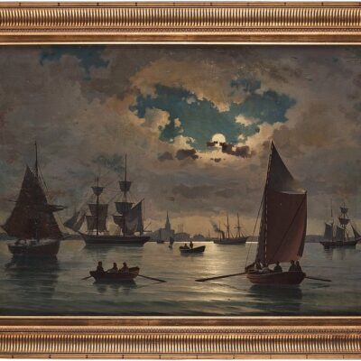 Huile sur toile Vue nocturne d’un port en Norvège par Johan Christian Clausen Dahl ca.1857