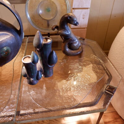 Large Brutalist coffee table in glass & bronze ca.1960