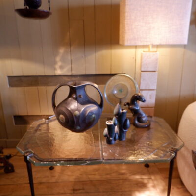 Large Brutalist coffee table in glass & bronze ca.1960