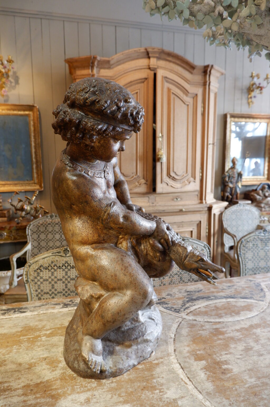 Milieu de fontaine en fonte patine bronze "putto et l'alligator " ca.1880 – Image 5