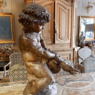 Milieu de fontaine en fonte patine bronze “putto et l’alligator ” ca.1880