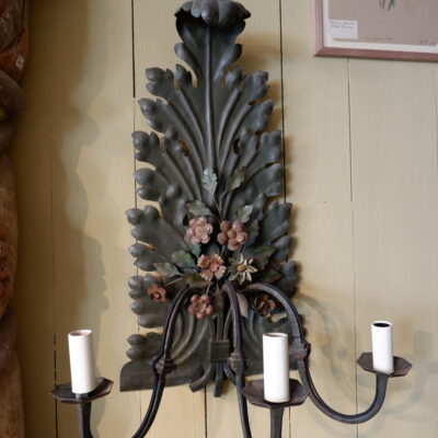 Pair of large 3-arm sconces in painted iron ca.1900