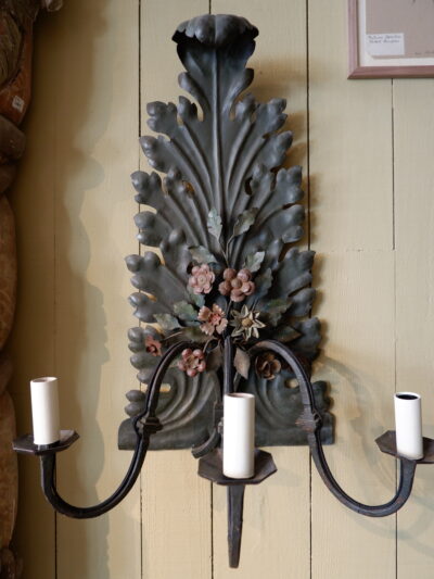 Pair of large 3-arm sconces in painted iron ca.1900