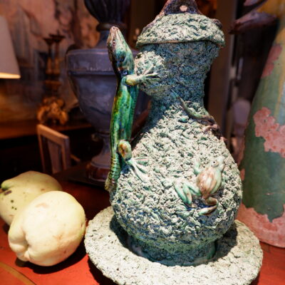 Jug & lid in green Barbotine Lizard-shaped handle by Caldés -Portugal -late 19th century