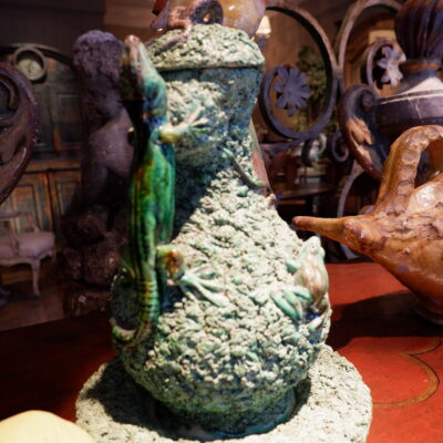 Jug & lid in green Barbotine Lizard-shaped handle by Caldés -Portugal -late 19th century