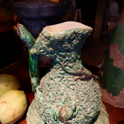 Jug & lid in green Barbotine Lizard-shaped handle by Caldés -Portugal -late 19th century