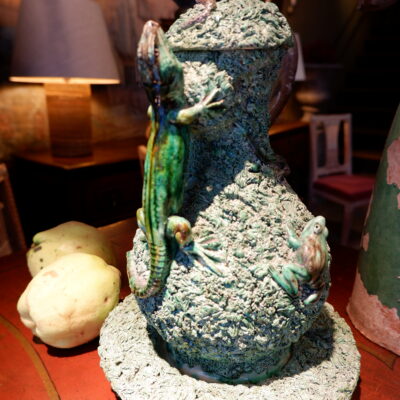 Jug & lid in green Barbotine Lizard-shaped handle by Caldés -Portugal -late 19th century