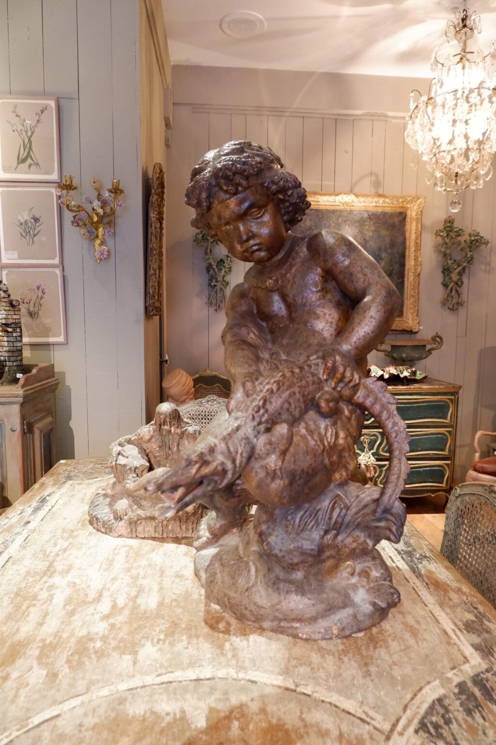 Milieu de fontaine en fonte patine bronze "putto et l'alligator " ca.1880 – Image 8