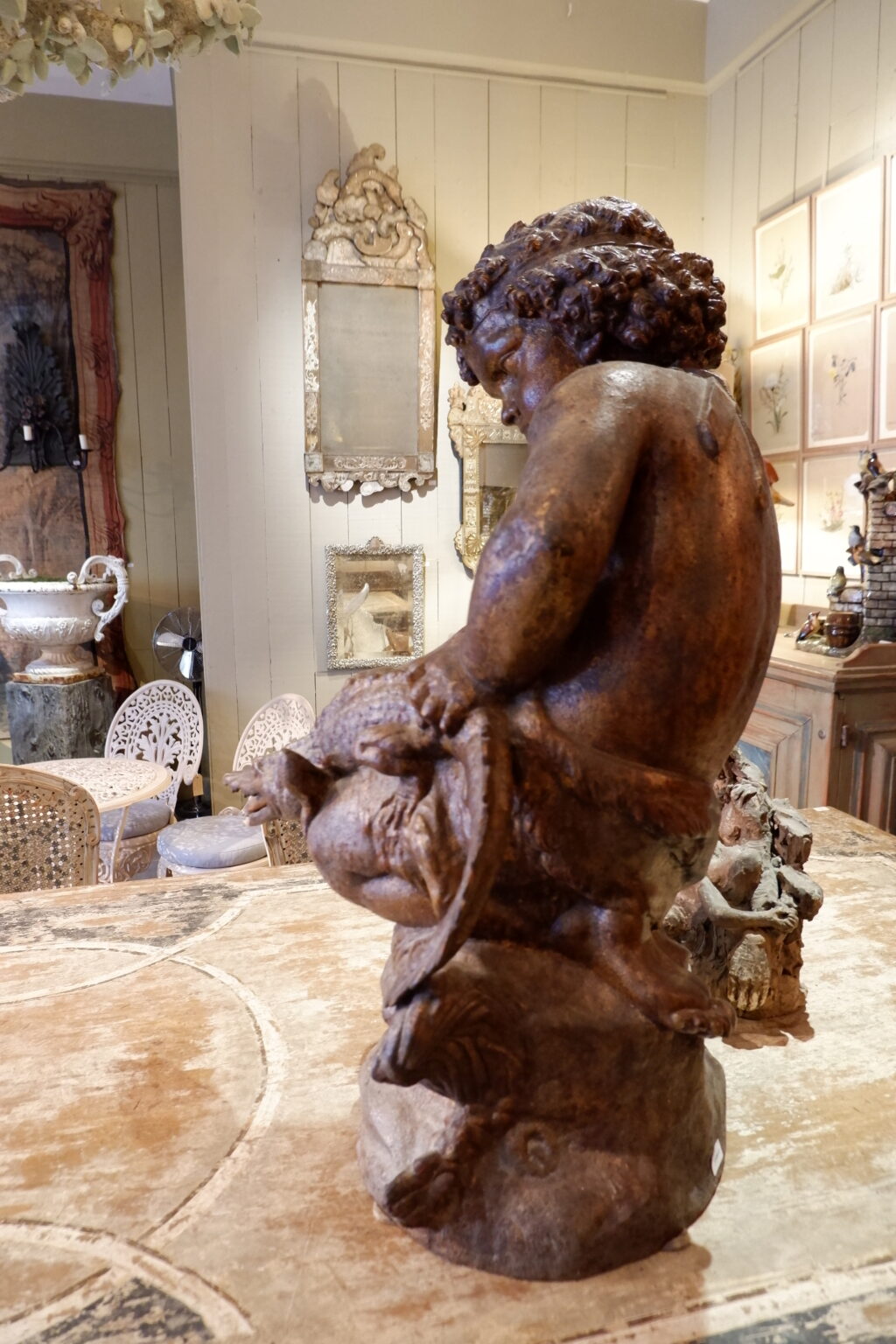 Milieu de fontaine en fonte patine bronze "putto et l'alligator " ca.1880 – Image 9
