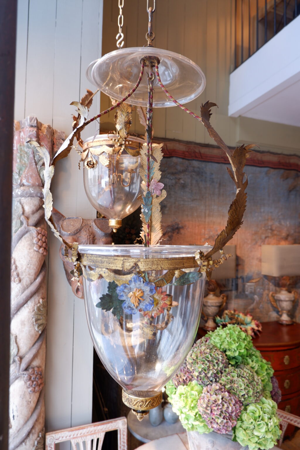 Elegant false pair of glass &amp; gilded bronze pendant lights Ca.1890