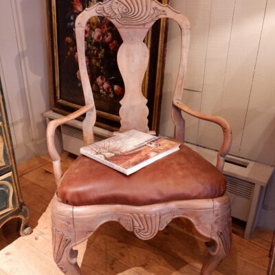 Pair of Roccoco armchairs in carved oak with grey/blue patina