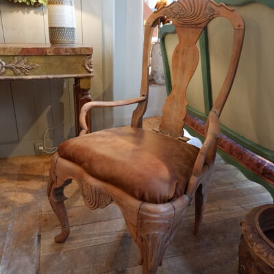 Pair of Roccoco armchairs in carved oak with grey/blue patina