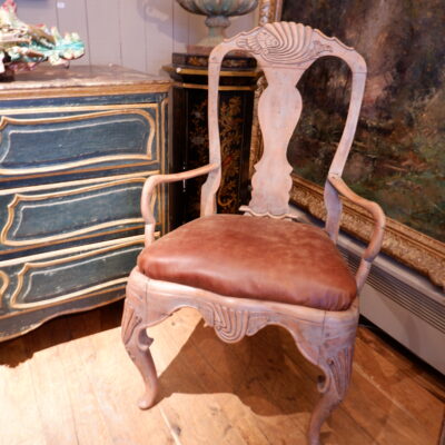 Pair of Roccoco armchairs in carved oak with grey/blue patina
