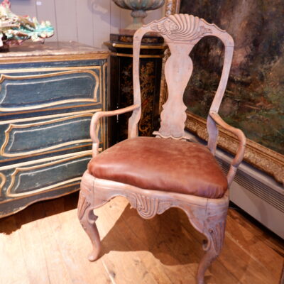 Pair of Roccoco armchairs in carved oak with grey/blue patina