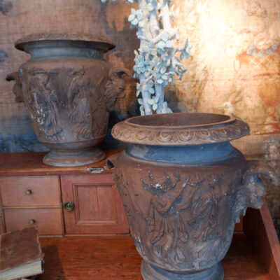 Suite of 6 Neoclassical terracotta vases with lion's head handles ca.1880