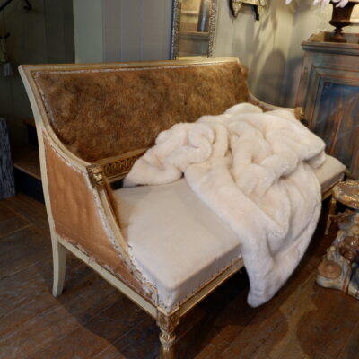 Elegant gustavian two-seater bench with lion's head armrests ivory lacquer ca.1870