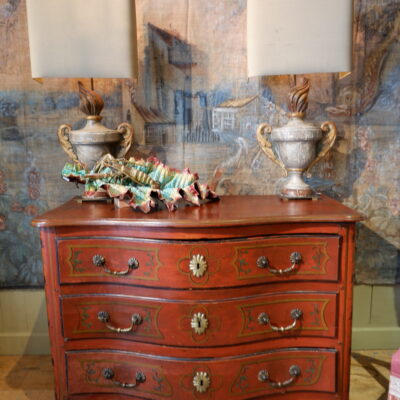 Oak Regency chest of drawers painted oxblood red and clog feet, France - southwest ca.1720