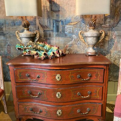Oak Regency chest of drawers painted oxblood red and clog feet, France - southwest ca.1720