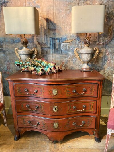 Oak Regency chest of drawers painted oxblood red and clog feet, France - southwest ca.1720