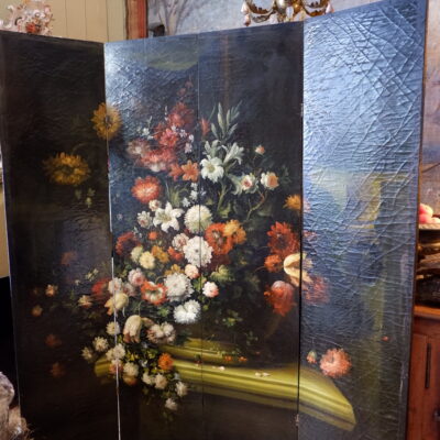 Large 4-leaf folding screen, oil on canvas, depicting a large bouquet in a vase - late 19th century