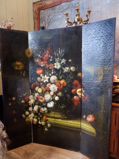 Grand paravent 4 feuilles huile sur toile figurant un grand bouquet dans un vase- fin XIXe