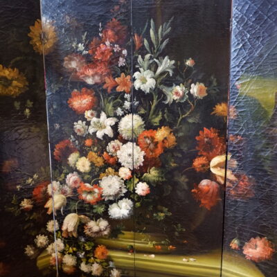 Large 4-leaf folding screen, oil on canvas, depicting a large bouquet in a vase - late 19th century