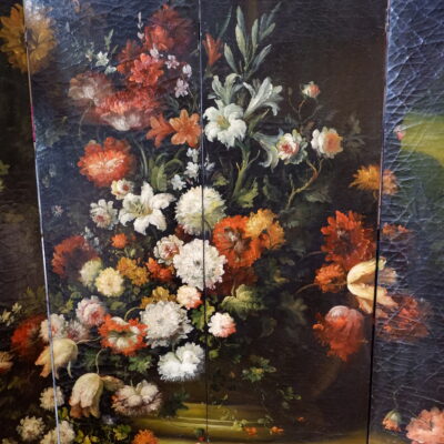 Large 4-leaf folding screen, oil on canvas, depicting a large bouquet in a vase - late 19th century