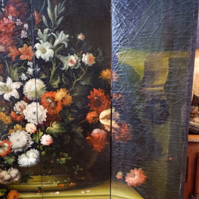 Large 4-leaf folding screen, oil on canvas, depicting a large bouquet in a vase - late 19th century