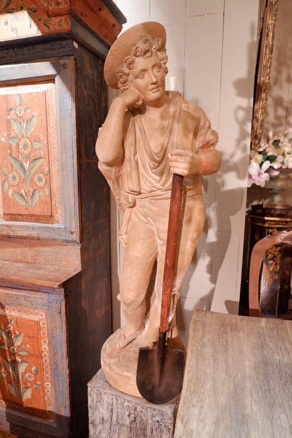 Terracotta statue of a gardener with his shovel - France late 19th century