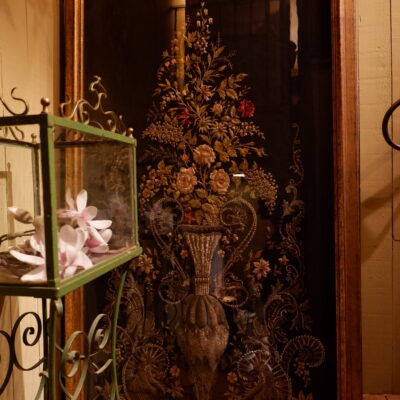 Large embroidered tulle veil depicting a vase and a large floral bouquet - gold thread and sequins ca.1800