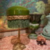 Lampe de table pied en bronze doré tritons et A/J e verre opalin -vert de vessie+frange - Suède ca.1910 – Image 8