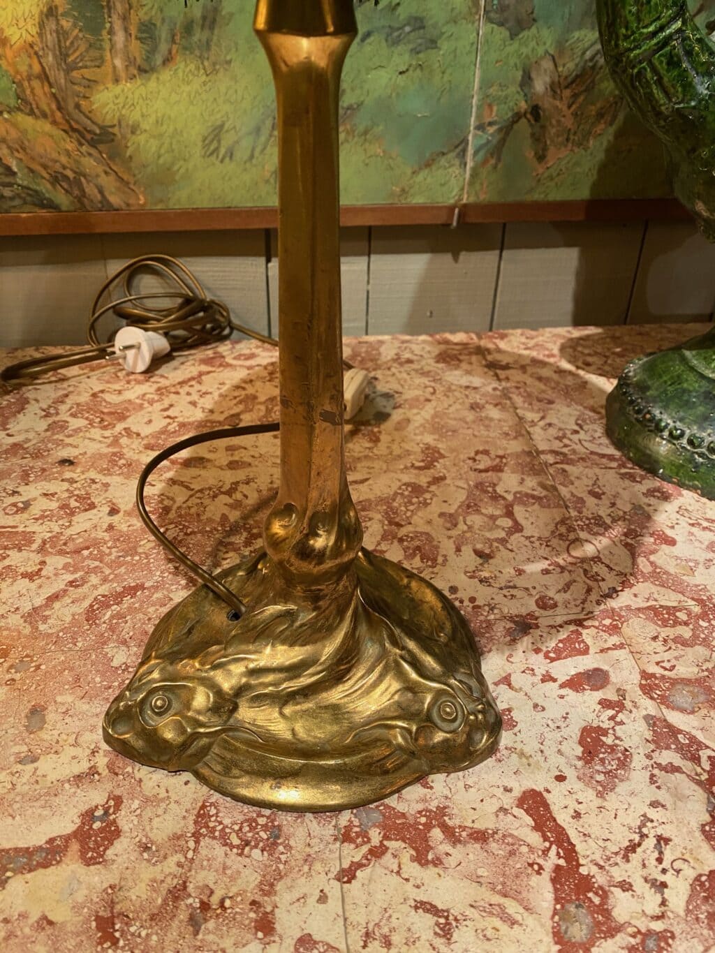 Table lamp with gilded bronze tritons and opaline glass - bladder green + fringe - Sweden ca.1910 - Image 7